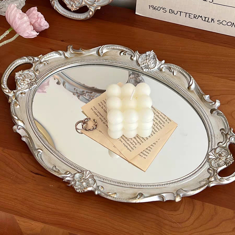 Üveg tükörrel ellátott tál, francia retro stílusú nappaliba – ékszer- és aromaterápiás bemutató, tárolás; Anyag: Üveg; Feldolgozás: Nincs testreszabás; Felszíntechnológia: Egyéb