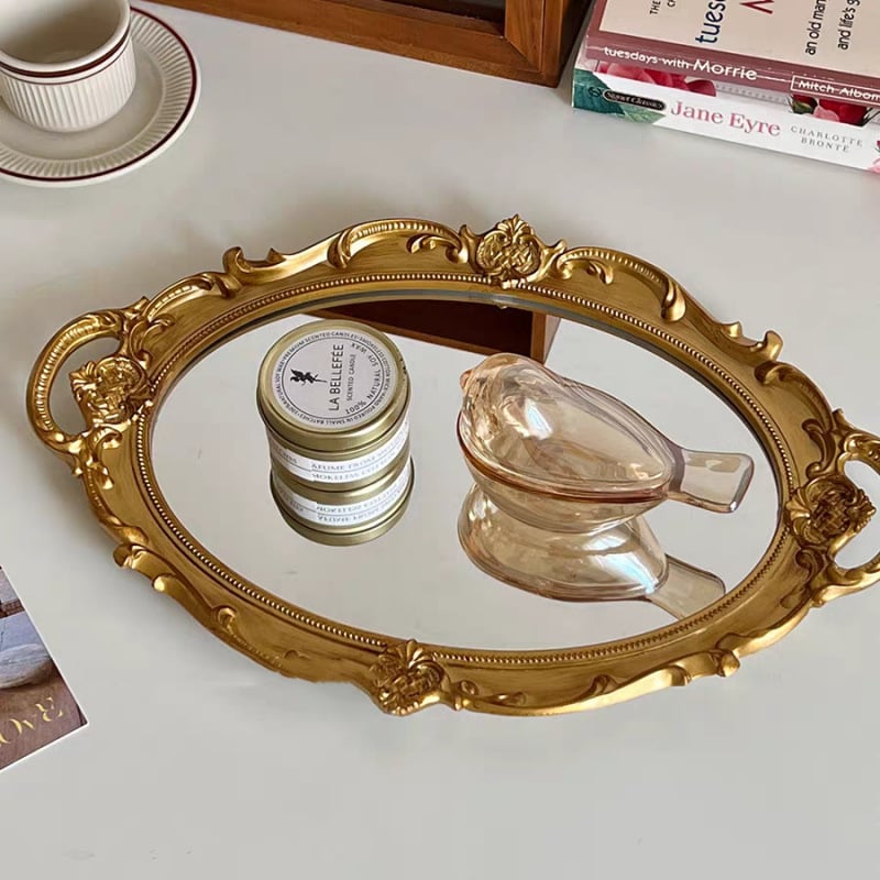 Üveg tükörrel ellátott tál, francia retro stílusú nappaliba – ékszer- és aromaterápiás bemutató, tárolás; Anyag: Üveg; Feldolgozás: Nincs testreszabás; Felszíntechnológia: Egyéb