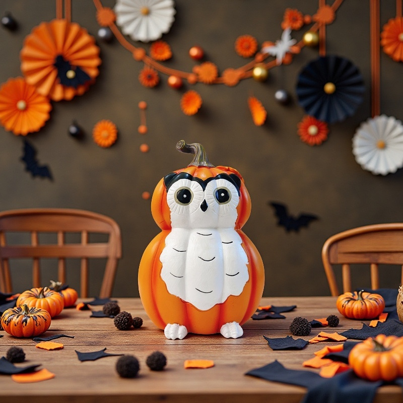 Resīna dzīvnieku figūra ar Ziemassvētku motīvu un ķirbja motīvu, krāsota, piemērota galda un ieejas dekorēšanai