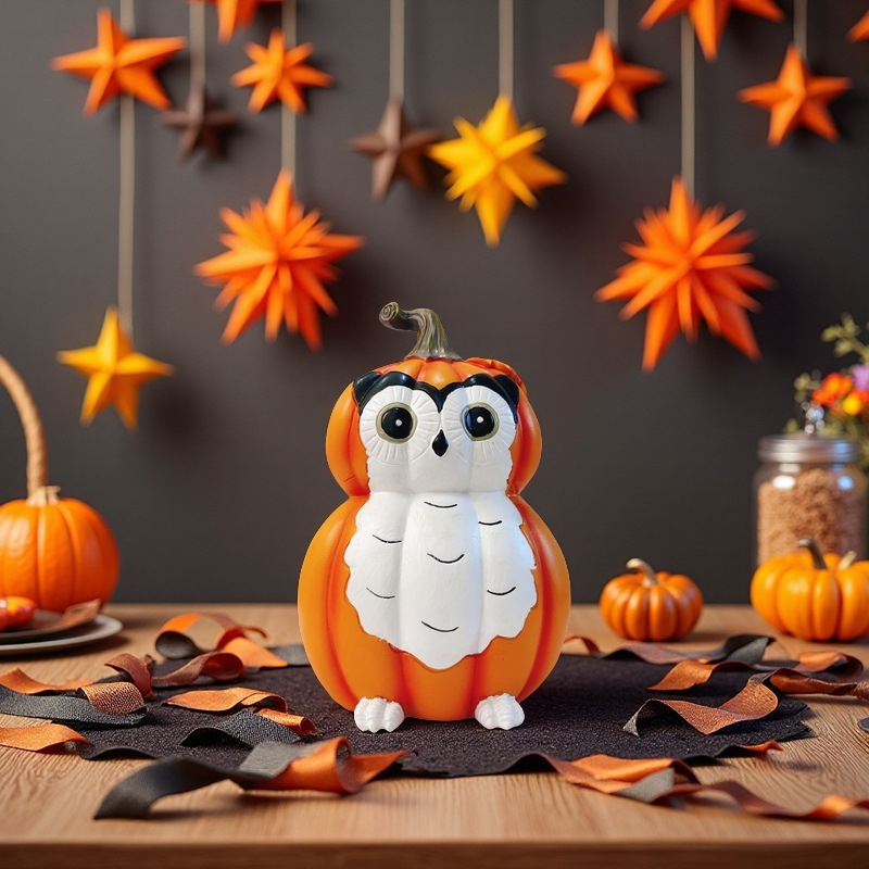 Resīna dzīvnieku figūra ar Ziemassvētku motīvu un ķirbja motīvu, krāsota, piemērota galda un ieejas dekorēšanai