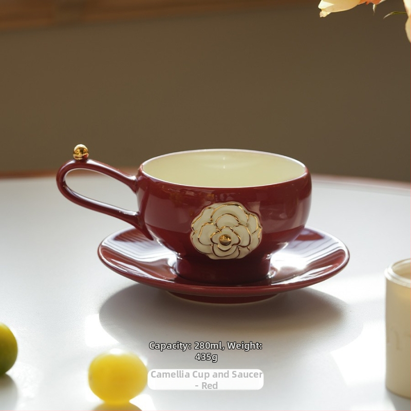 Camellia keramička šalica za kavu i tanjurić, set za kućnu upotrebu, lagani luksuz, latte art, za najbolje prijateljice