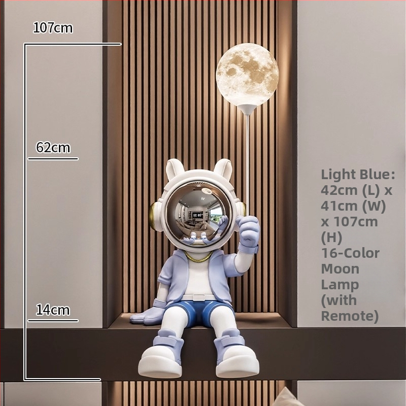 Karikatūras astronauta figūriņa ar lampu, sveķi, roku krāsota, mūsdienīgs minimālisma stils