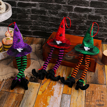 Prozorska dekoracija s čarobnjačkim šeširom za Halloween – prugasti duh s dugim nogama – Jingchen, poliester/tkanina, stil 125200612, rekvizit za uređenje prostora