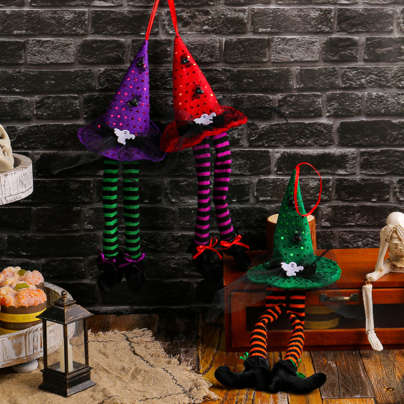 Prozorska dekoracija s čarobnjačkim šeširom za Halloween – prugasti duh s dugim nogama – Jingchen, poliester/tkanina, stil 125200612, rekvizit za uređenje prostora