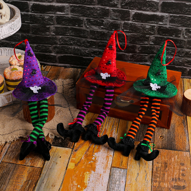 Prozorska dekoracija s čarobnjačkim šeširom za Halloween – prugasti duh s dugim nogama – Jingchen, poliester/tkanina, stil 125200612, rekvizit za uređenje prostora