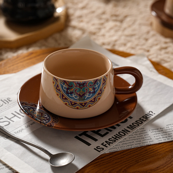 Σετ κούπα καφέ και πιατάκι, κεραμικό, ρετρό βρετανικό στυλ, μποέμ σχέδιο, με εκτυπωμένο λογότυπο