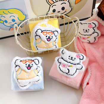 Παιδική πετσέτα προσώπου με καρτούν λούτρινο σκυλάκι, υλικό φλις κοραλλιού, 14 νήματα, ραφή περιμετρικά, βάρος κάτω από 50 g