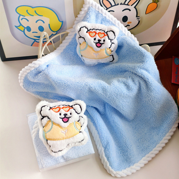 Παιδική πετσέτα προσώπου με καρτούν λούτρινο σκυλάκι, υλικό φλις κοραλλιού, 14 νήματα, ραφή περιμετρικά, βάρος κάτω από 50 g