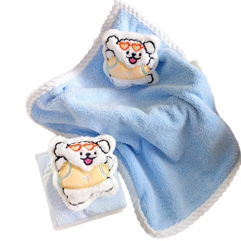 Παιδική πετσέτα προσώπου με καρτούν λούτρινο σκυλάκι, υλικό φλις κοραλλιού, 14 νήματα, ραφή περιμετρικά, βάρος κάτω από 50 g