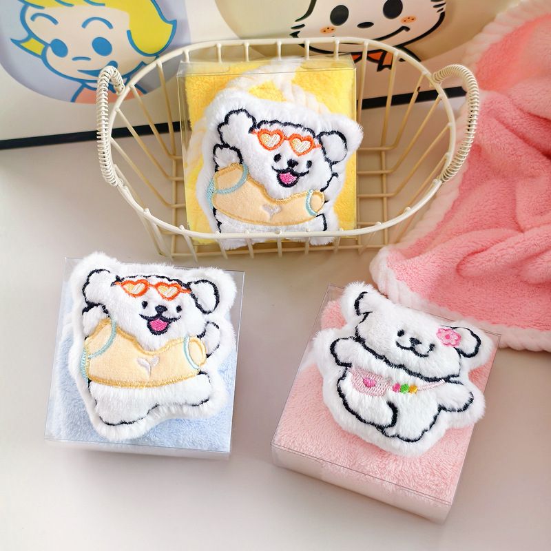 Παιδική πετσέτα προσώπου με καρτούν λούτρινο σκυλάκι, υλικό φλις κοραλλιού, 14 νήματα, ραφή περιμετρικά, βάρος κάτω από 50 g