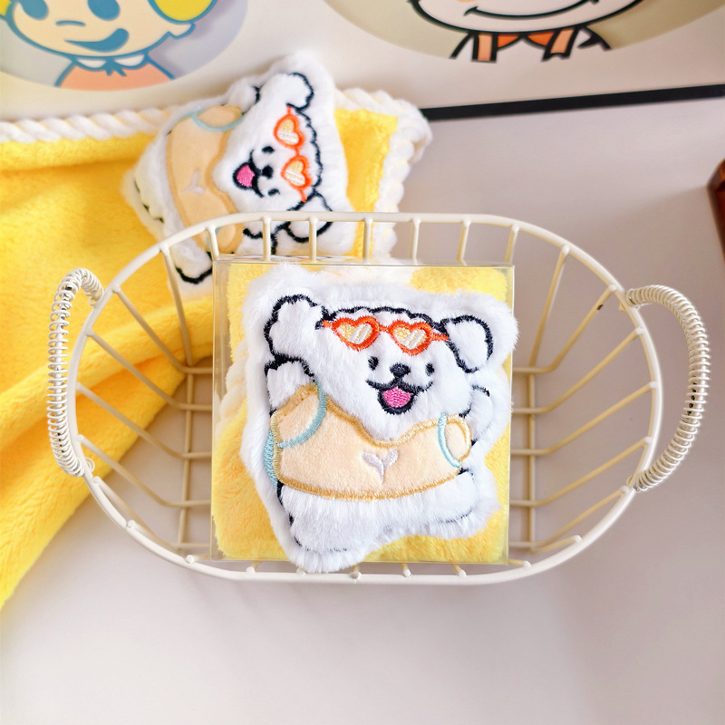Παιδική πετσέτα προσώπου με καρτούν λούτρινο σκυλάκι, υλικό φλις κοραλλιού, 14 νήματα, ραφή περιμετρικά, βάρος κάτω από 50 g