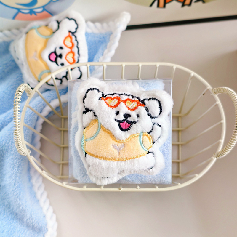 Παιδική πετσέτα προσώπου με καρτούν λούτρινο σκυλάκι, υλικό φλις κοραλλιού, 14 νήματα, ραφή περιμετρικά, βάρος κάτω από 50 g