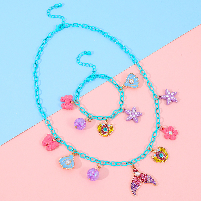 Laste 3D sulamist ripatsidega kaelakee ja käeketi komplekt tilkuva õli viimistlusega: merineitsi, ükssarv, liblikas; eraldi pakendamine; Ookeani muinasjuttude sari