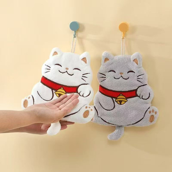 Falra szerelhető kéztörlő macska-varázsos mintával – gyerekeknek, kettős használat fürdőszobában és a konyhában, korall bársony anyag, 150D szál, hímzés és sík szövés