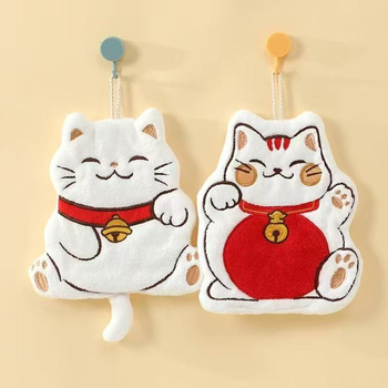 Falra szerelhető kéztörlő macska-varázsos mintával – gyerekeknek, kettős használat fürdőszobában és a konyhában, korall bársony anyag, 150D szál, hímzés és sík szövés