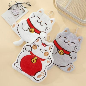 Falra szerelhető kéztörlő macska-varázsos mintával – gyerekeknek, kettős használat fürdőszobában és a konyhában, korall bársony anyag, 150D szál, hímzés és sík szövés