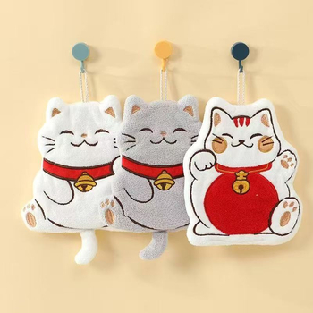 Falra szerelhető kéztörlő macska-varázsos mintával – gyerekeknek, kettős használat fürdőszobában és a konyhában, korall bársony anyag, 150D szál, hímzés és sík szövés