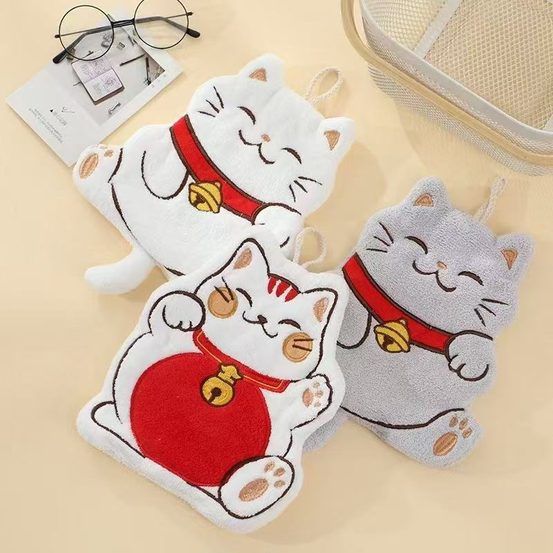 Falra szerelhető kéztörlő macska-varázsos mintával – gyerekeknek, kettős használat fürdőszobában és a konyhában, korall bársony anyag, 150D szál, hímzés és sík szövés