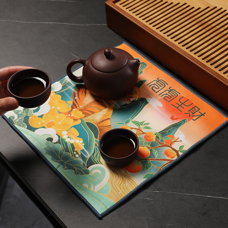 Πετσέτα για τσάι και πατάκι τσαγιού, αδιάβροχο ύφασμα, με εκτυπωμένο λογότυπο, υψηλής ποιότητας, στυλ εθνικού ύφους