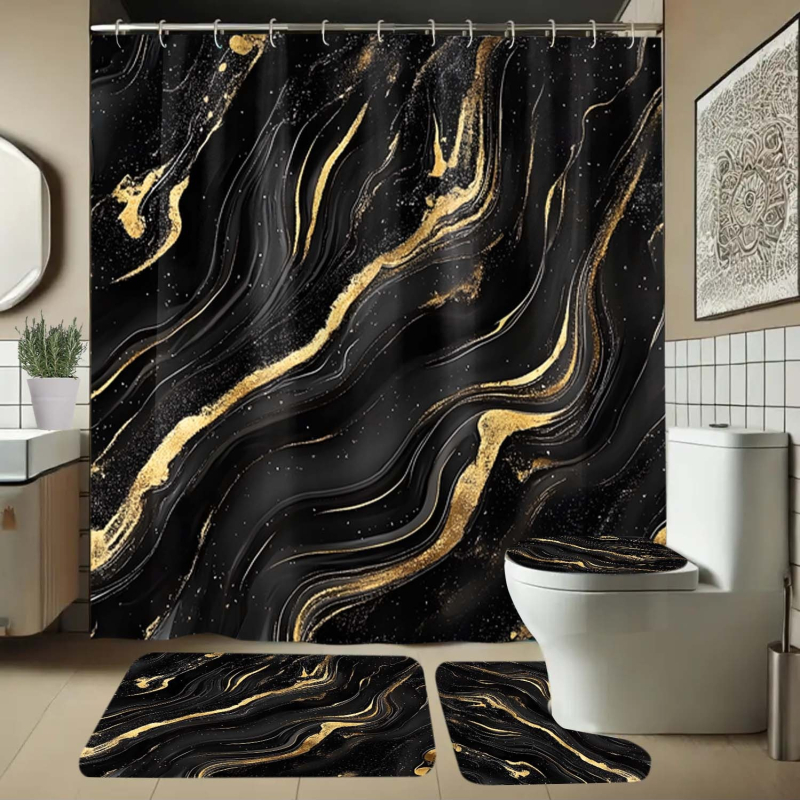 Комплект завеси за душ: водоустойчив и мухълоустойчив полиестер, цифров печат; правоъгълна подложка за баня; шарки: щрихи, решетка, морски пейзаж; мие се; персонализация по заявка