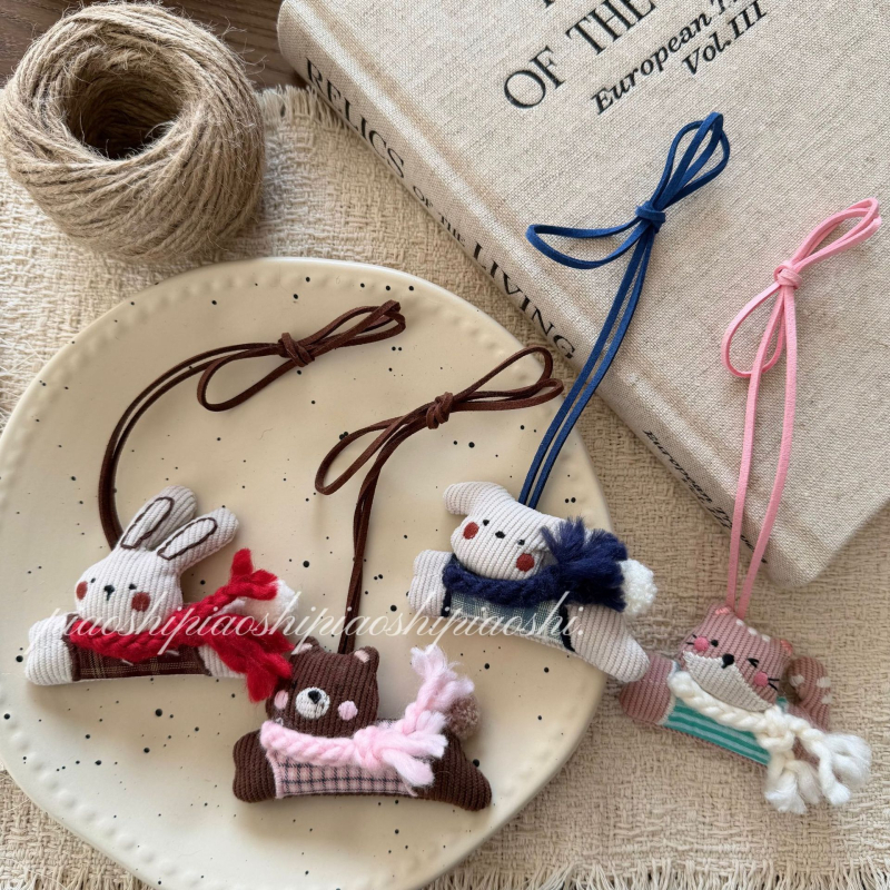 Colier din țesătură pentru copii, cu iepuraș și cățeluș, în stil desen animat, umplut cu bumbac, cu lanț extensibil de 11 cm+