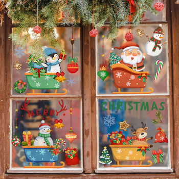 Декоративен стенен стикер за прозорци с коледни мотиви: елени, пингвини, снежни човеци, Дядо Коледа и шейна; PVC, Purple Hawthorn, 1 бр., електростатичен, двустранен