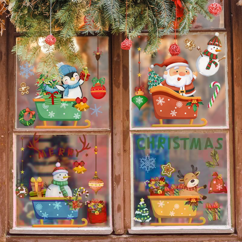 Декоративен стенен стикер за прозорци с коледни мотиви: елени, пингвини, снежни човеци, Дядо Коледа и шейна; PVC, Purple Hawthorn, 1 бр., електростатичен, двустранен