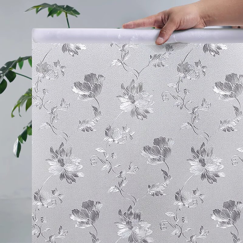 Frosted staklena folija s ljepilom za kupaonu — PVC, moderni minimalistički stil, uzorak biljke, propušta svjetlo