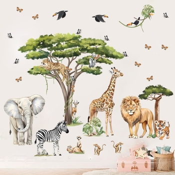 Стенен стикер за детска стая: животни в карикатурен стил, плосък дизайн, PVC материал, 1 бр.