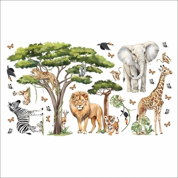 Стенен стикер за детска стая: животни в карикатурен стил, плосък дизайн, PVC материал, 1 бр.