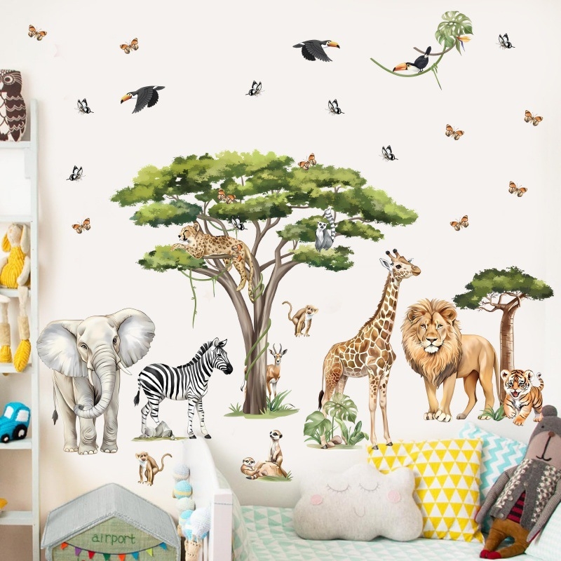 Стенен стикер за детска стая: животни в карикатурен стил, плосък дизайн, PVC материал, 1 бр.