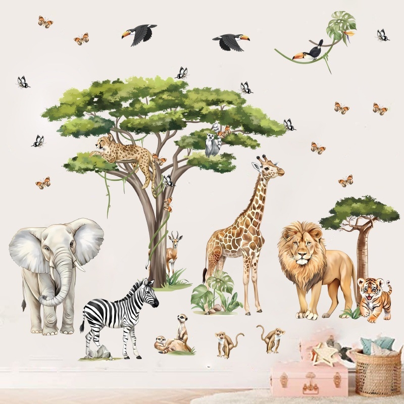 Стенен стикер за детска стая: животни в карикатурен стил, плосък дизайн, PVC материал, 1 бр.