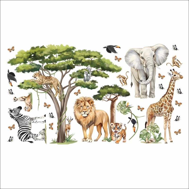 Стенен стикер за детска стая: животни в карикатурен стил, плосък дизайн, PVC материал, 1 бр.