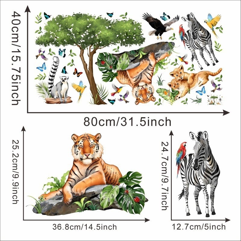 Стенен стикер за детска стая: животни в карикатурен стил, плосък дизайн, PVC материал, 1 бр.