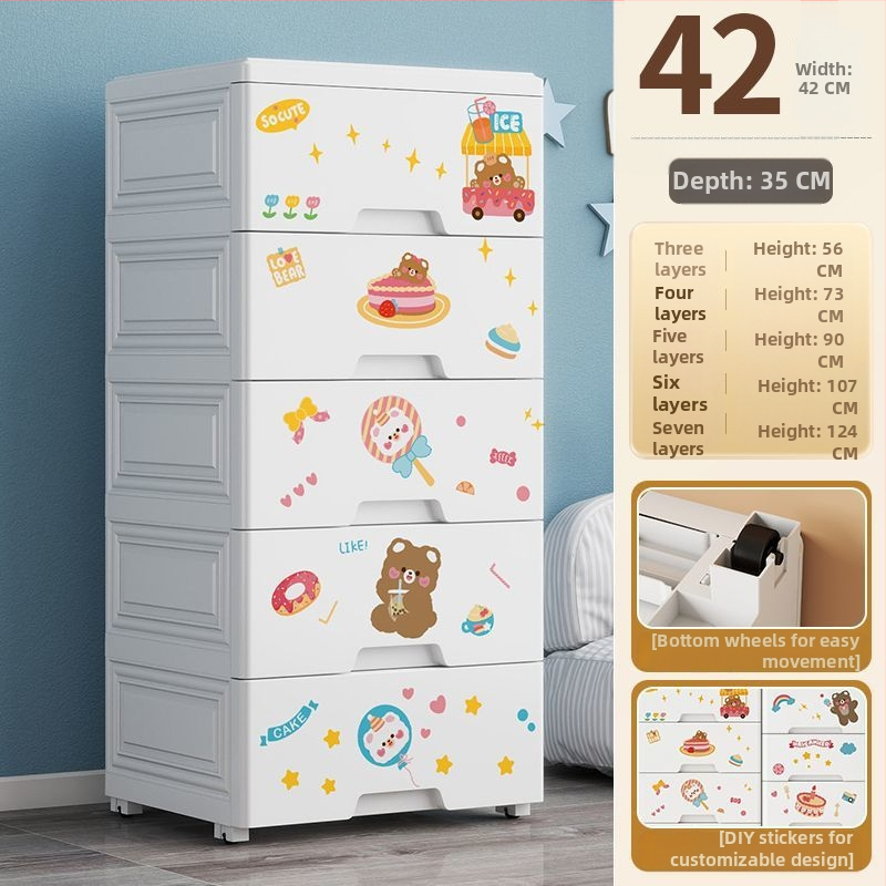 plastmasas bērniem paredzēts glabāšanas skapis ar septiņām kārtām, brīvi stāvošs, karikatūru stilā, 5 kg