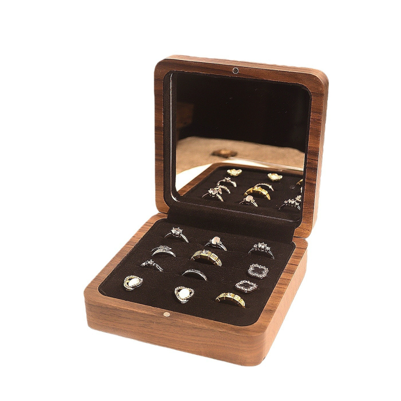Cutie de bijuterii din lemn de nuc cu interior catifelat – spațiu mare pentru inele și ceasuri