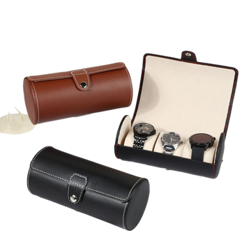 Кожена цилиндрична кутия за пътуване за часовници, с три отделения, устойчива на изпускане, за съхранение и показване на бижута