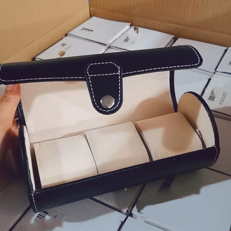 Кожена цилиндрична кутия за пътуване за часовници, с три отделения, устойчива на изпускане, за съхранение и показване на бижута