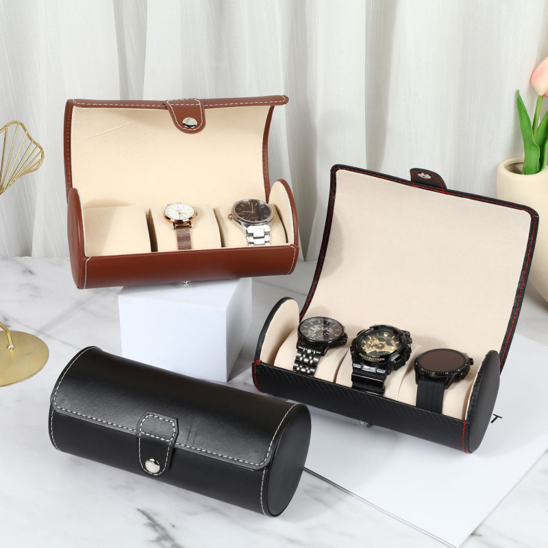 Кожена цилиндрична кутия за пътуване за часовници, с три отделения, устойчива на изпускане, за съхранение и показване на бижута