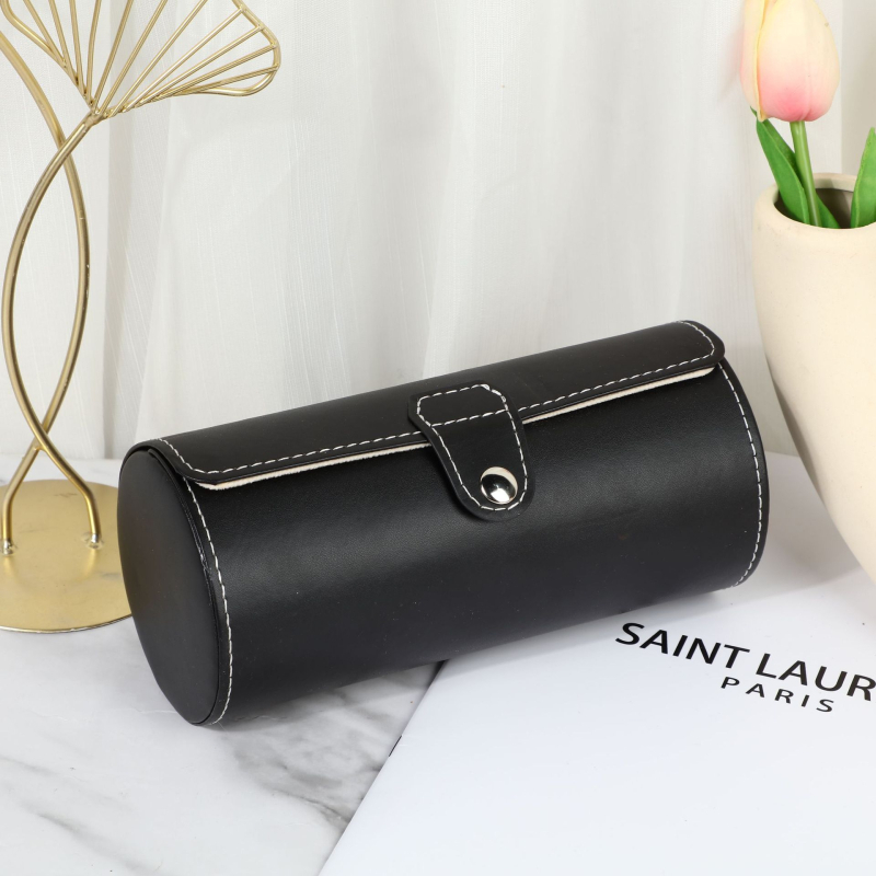 Кожена цилиндрична кутия за пътуване за часовници, с три отделения, устойчива на изпускане, за съхранение и показване на бижута