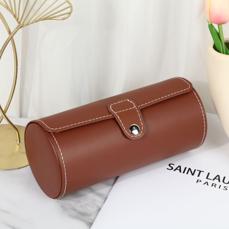 Кожена цилиндрична кутия за пътуване за часовници, с три отделения, устойчива на изпускане, за съхранение и показване на бижута