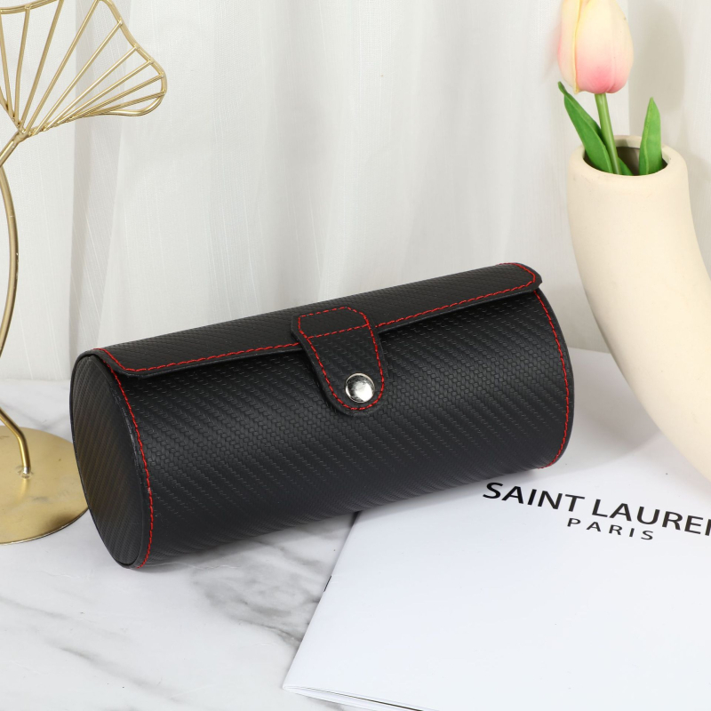 Кожена цилиндрична кутия за пътуване за часовници, с три отделения, устойчива на изпускане, за съхранение и показване на бижута