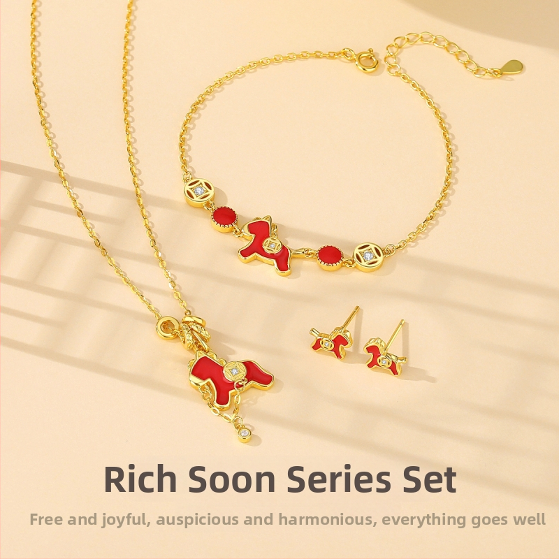 Colier din argint 925 cu motiv zodie Cal, stil chinezesc, lanț plat, pandantiv din argint 925, electroplating