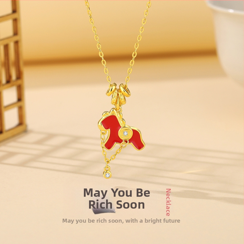 Colier din argint 925 cu motiv zodie Cal, stil chinezesc, lanț plat, pandantiv din argint 925, electroplating