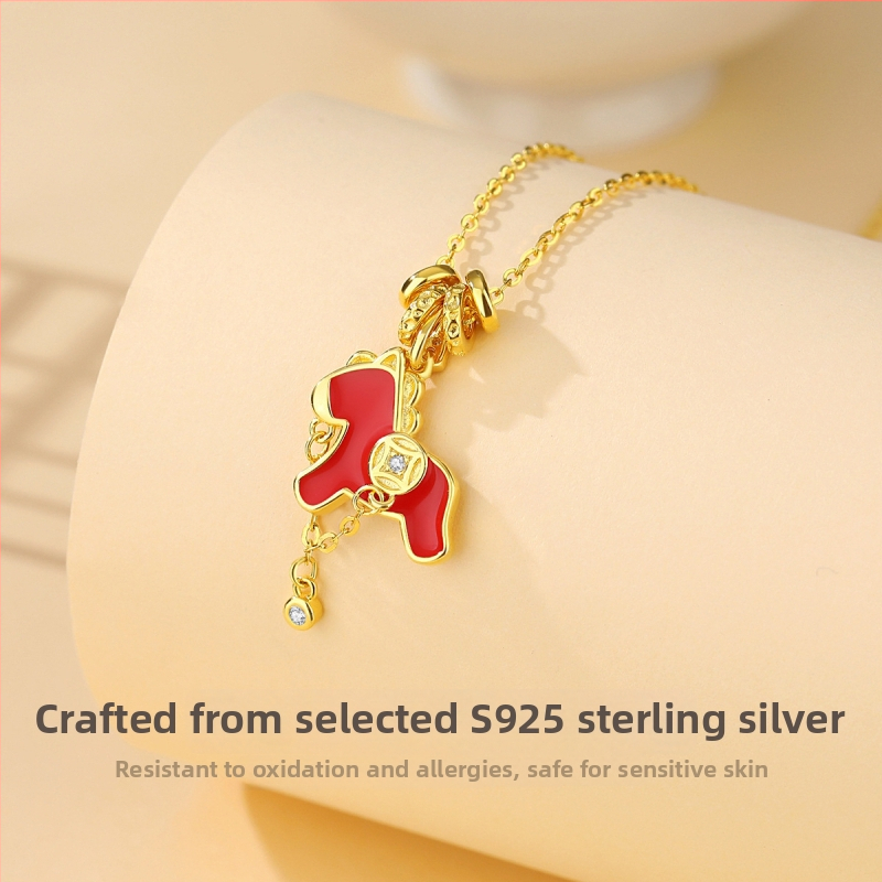 Colier din argint 925 cu motiv zodie Cal, stil chinezesc, lanț plat, pandantiv din argint 925, electroplating