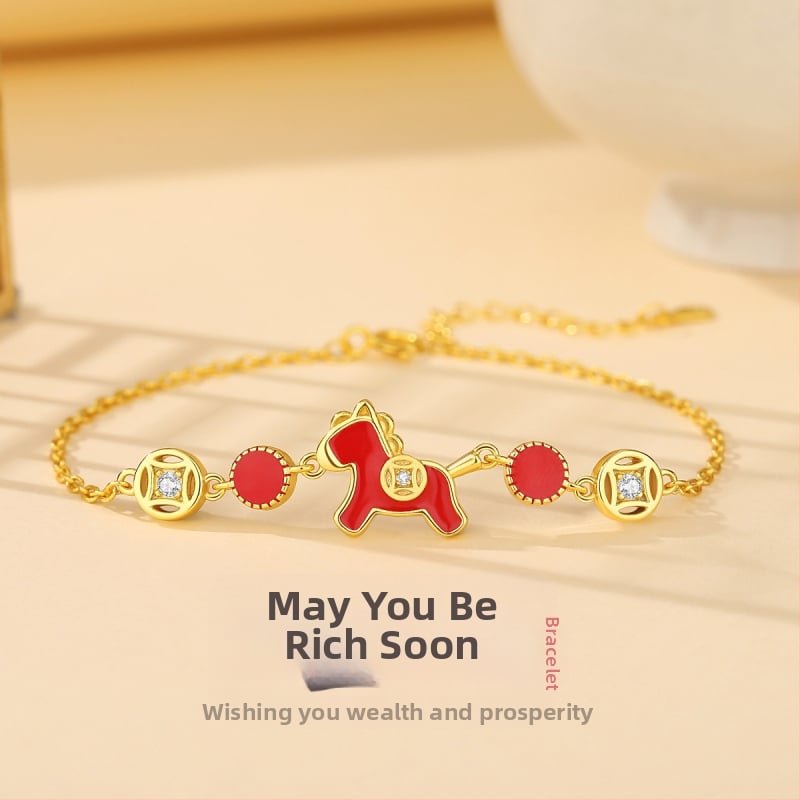 Colier din argint 925 cu motiv zodie Cal, stil chinezesc, lanț plat, pandantiv din argint 925, electroplating