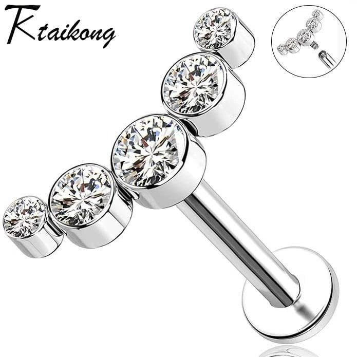 Κοσμήματα piercing για χείλος από τιτάνιο G23 με εσωτερική βίδα, ζιρκόν φλατ-μπακ, υποαλλεργικό σχέδιο σε σπειροειδή μορφή