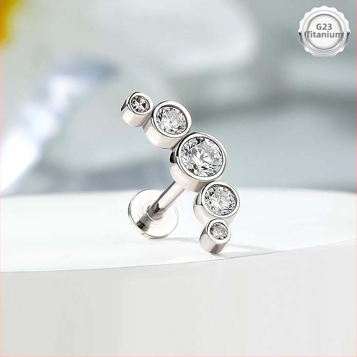 G23 titāna iekšējās vītnes lūpas stud auskari ar cirkoniju, plakā aizmugure, hipoalerģiski