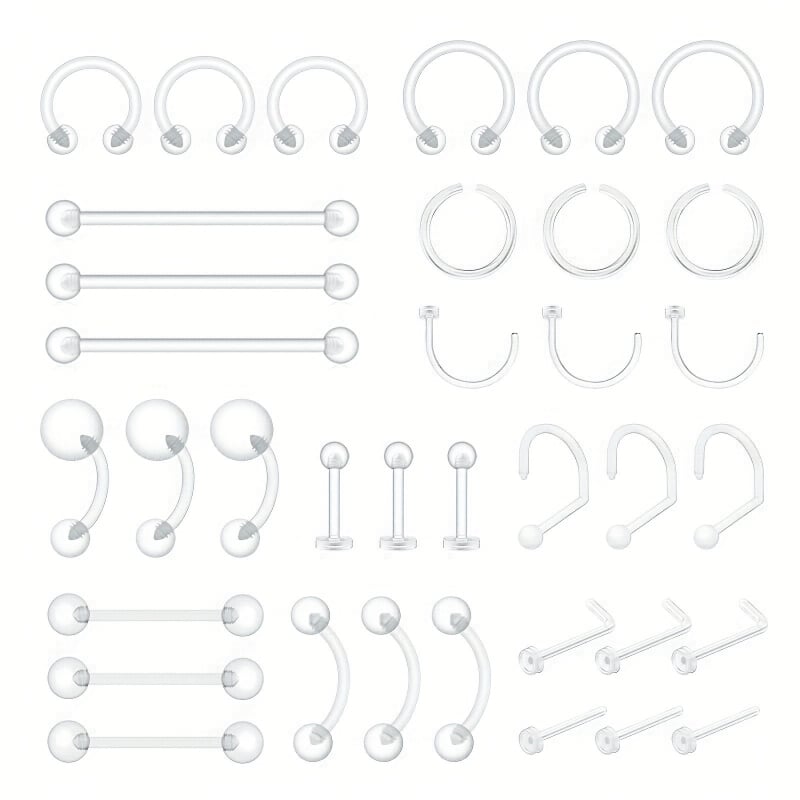 Διαφανές ακρυλικό σετ piercing για μύτη, χείλη και ομφαλό – 20/36/55 τεμάχια, γυαλισμένο