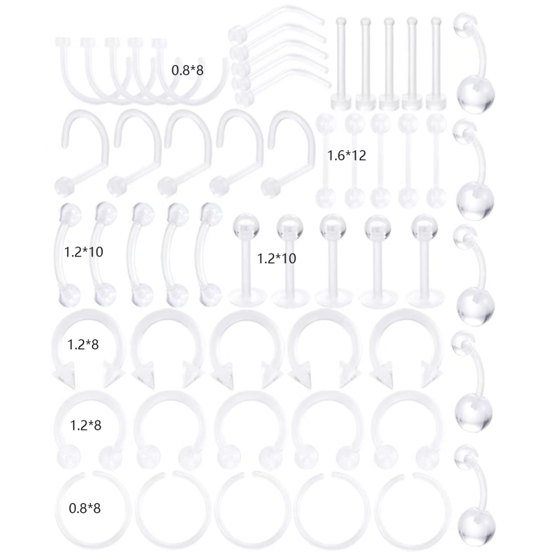 Διαφανές ακρυλικό σετ piercing για μύτη, χείλη και ομφαλό – 20/36/55 τεμάχια, γυαλισμένο